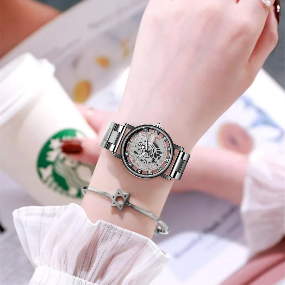 Storazone New Fashion Top Women Hollow Skeleton Faux Mechanical Watch Ladies Metal Mesh Quartz Wrist Watches For Female Relogio Feminino