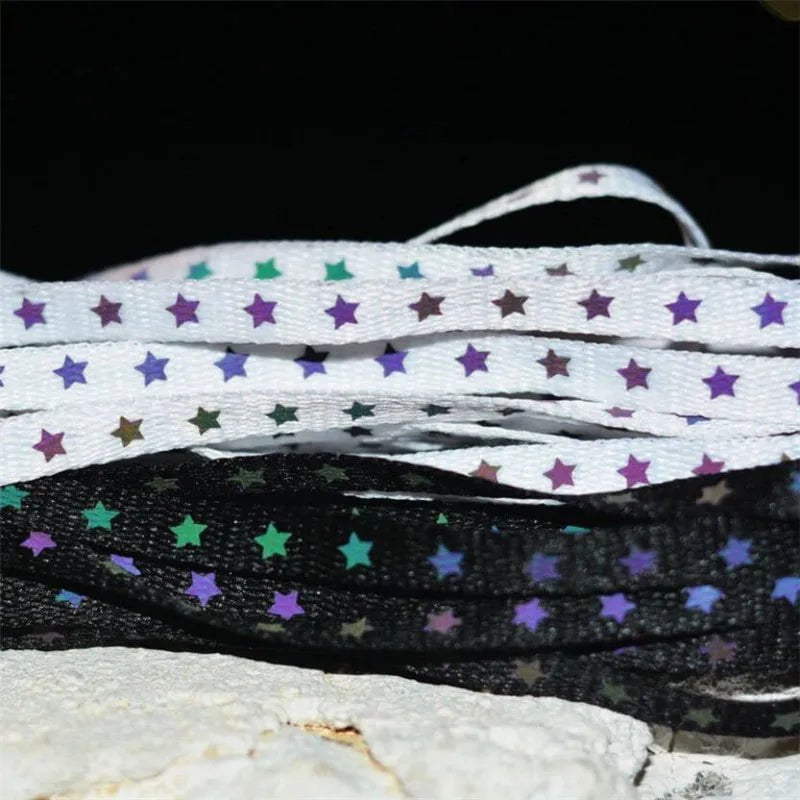 Storazone New Holographic Reflective Star Shoelaces Double-sided Reflective High-bright Luminous Flat Laces Sneakers ShoeLaces Strings