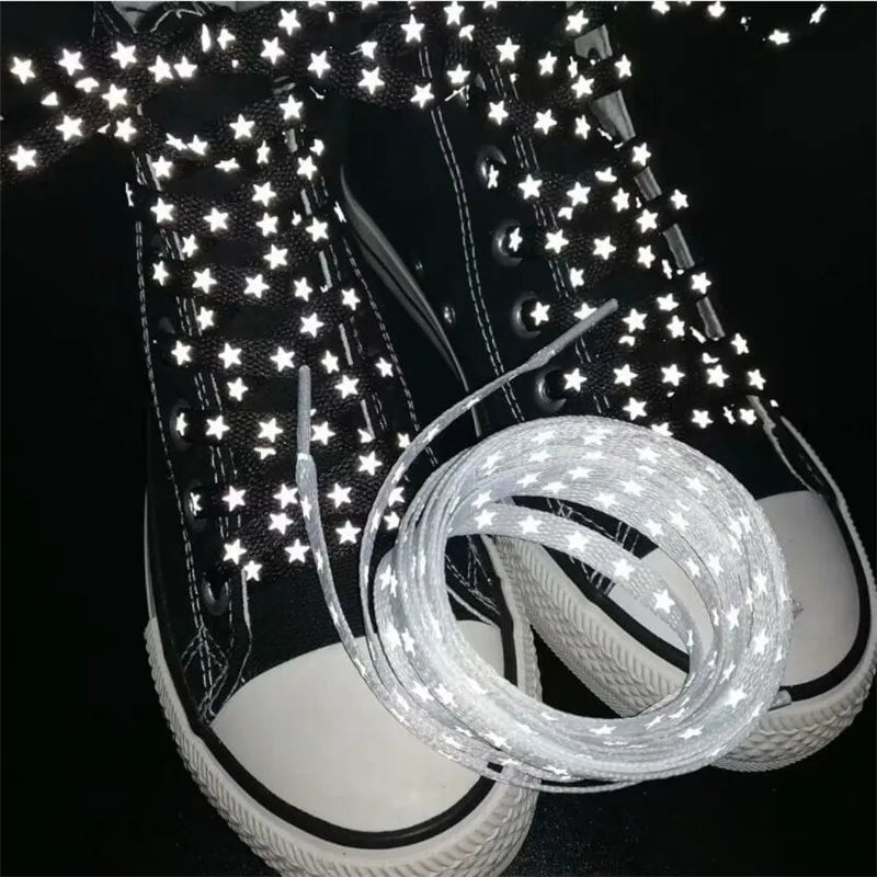 Storazone New Holographic Reflective Star Shoelaces Double-sided Reflective High-bright Luminous Flat Laces Sneakers ShoeLaces Strings