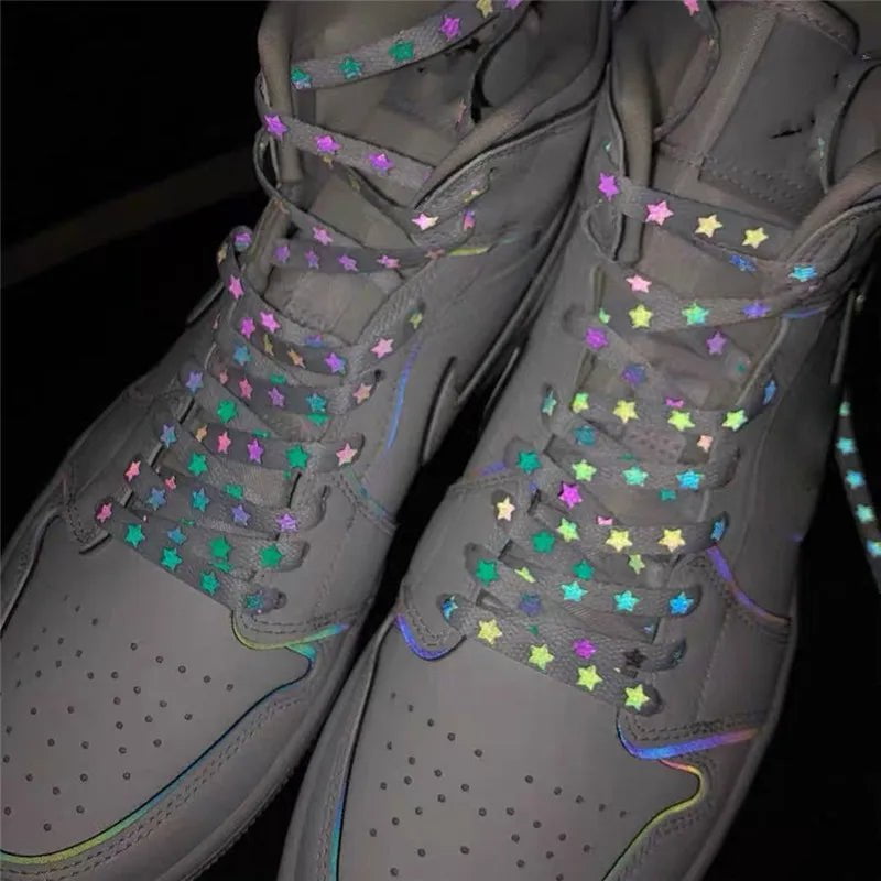 Storazone New Holographic Reflective Star Shoelaces Double-sided Reflective High-bright Luminous Flat Laces Sneakers ShoeLaces Strings