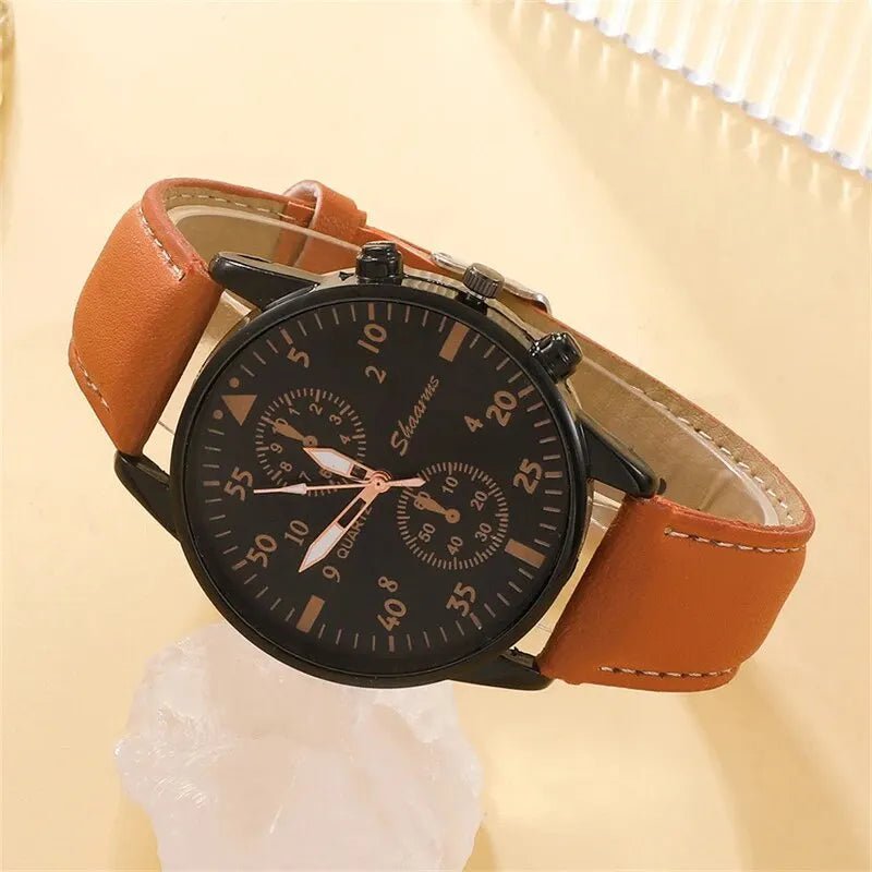 Storazone New Men Watch Luxury Bracelet Set Fashion Business Brown Leather Quartz Wrist Watches for Men Gift Set Relogio Masculino