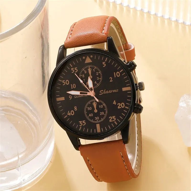 Storazone New Men Watch Luxury Bracelet Set Fashion Business Brown Leather Quartz Wrist Watches for Men Gift Set Relogio Masculino