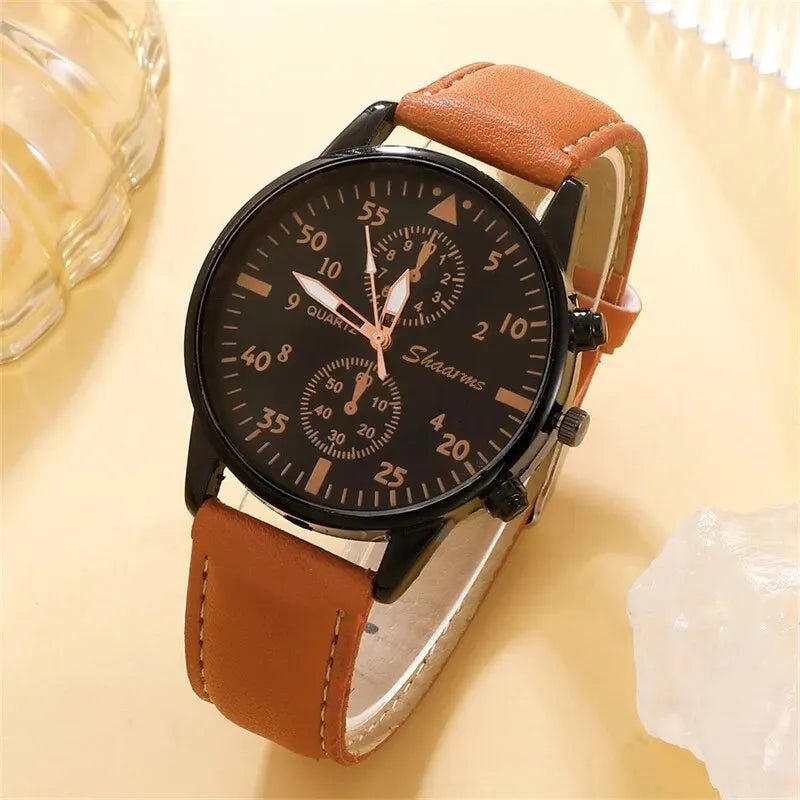 Storazone New Men Watch Luxury Bracelet Set Fashion Business Brown Leather Quartz Wrist Watches for Men Gift Set Relogio Masculino