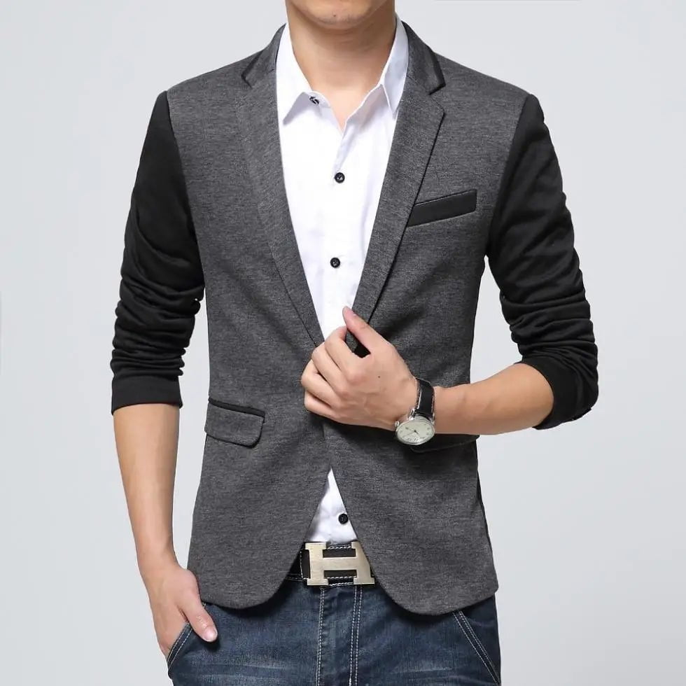 Storazone New Slim Fit Casual jacket Cotton Men Blazer Jacket Single Button Gray Mens Suit Jacket Autumn Patchwork Coat Male Suite