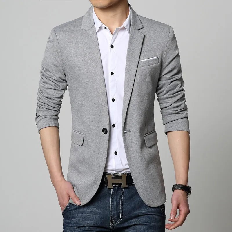 Storazone New Slim Fit Casual jacket Cotton Men Blazer Jacket Single Button Gray Mens Suit Jacket Autumn Patchwork Coat Male Suite