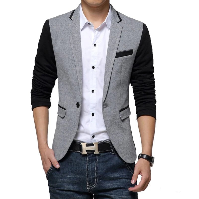 Storazone New Slim Fit Casual jacket Cotton Men Blazer Jacket Single Button Gray Mens Suit Jacket Autumn Patchwork Coat Male Suite