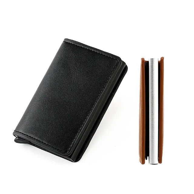 Storazone No Hasp Black Custom RFID Blocking Men Wallet Credit Card Holder Leather Card Wallet Double Metal Box ID Card Holder Money Clip Purse New 2023