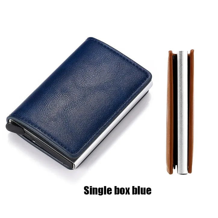 Storazone No Hasp Blue Custom RFID Blocking Men Wallet Credit Card Holder Leather Card Wallet Double Metal Box ID Card Holder Money Clip Purse New 2023