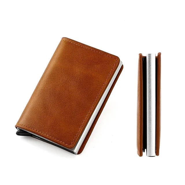 Storazone No Hasp Brown Custom RFID Blocking Men Wallet Credit Card Holder Leather Card Wallet Double Metal Box ID Card Holder Money Clip Purse New 2023