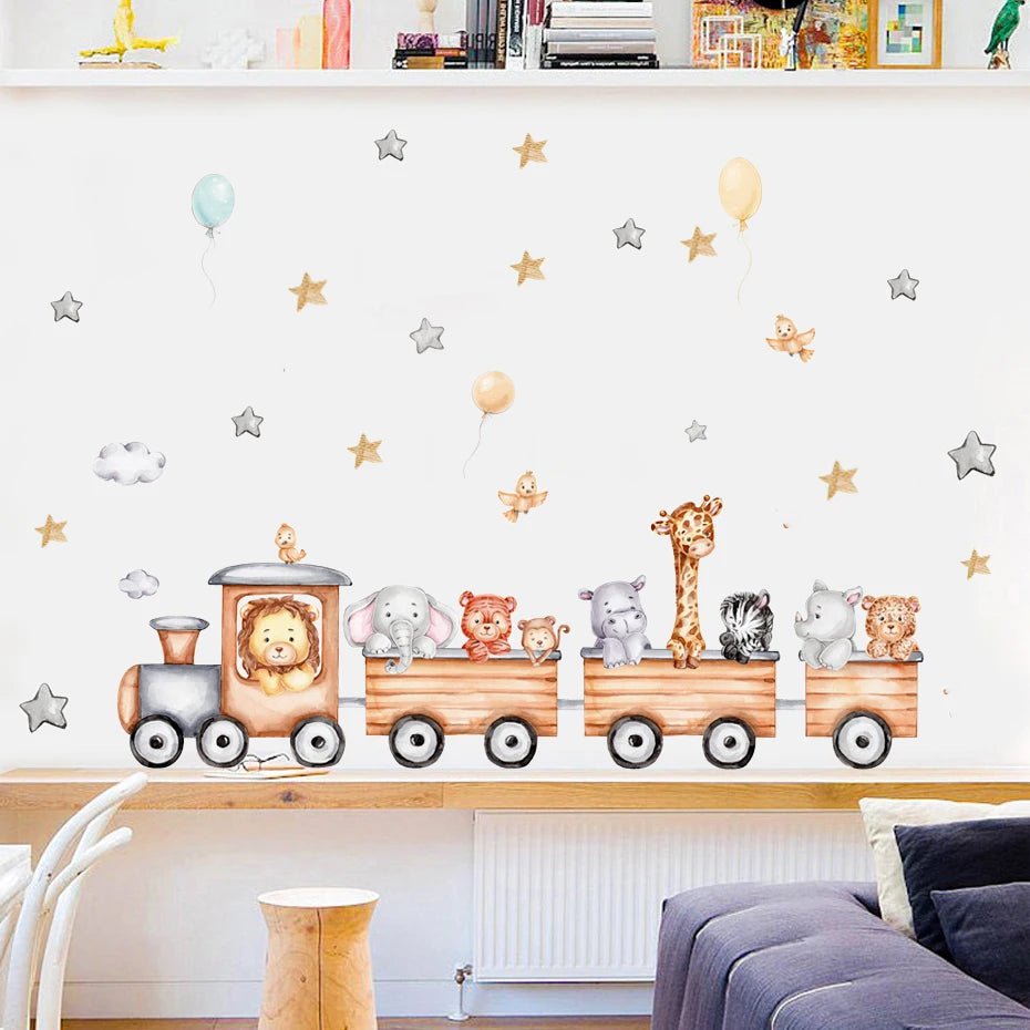 Storazone Nordic Cartoon Animals Wall Stickers for Kids Rooms Girls Boys Baby Room Decoration Giraffe Elephant Train Birds Star Wallpaper