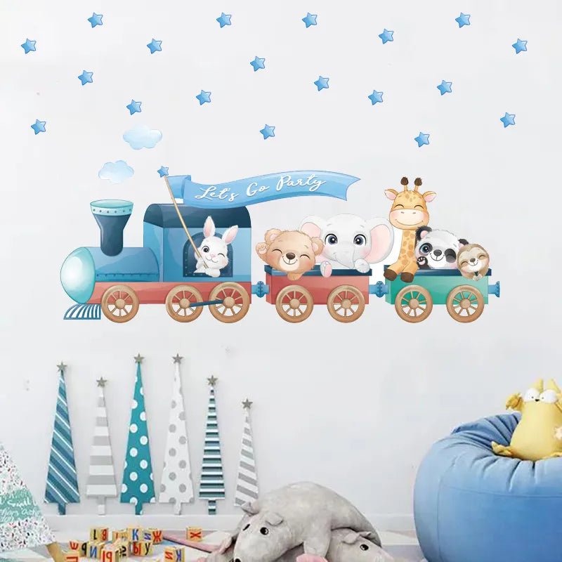 Storazone Nordic Cartoon Animals Wall Stickers for Kids Rooms Girls Boys Baby Room Decoration Giraffe Elephant Train Birds Star Wallpaper