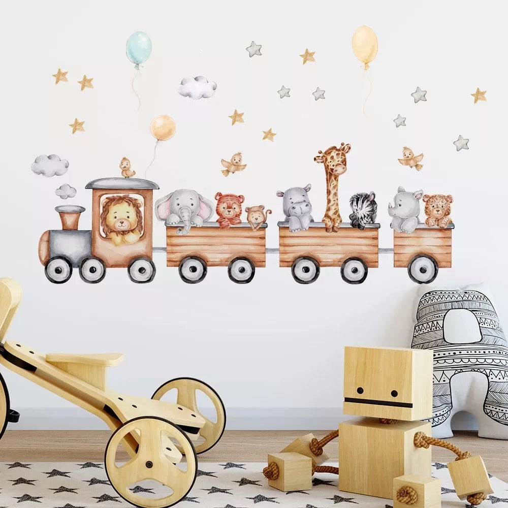 Storazone Nordic Cartoon Animals Wall Stickers for Kids Rooms Girls Boys Baby Room Decoration Giraffe Elephant Train Birds Star Wallpaper