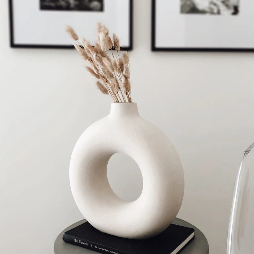 Storazone Nordic Vase Circular Hollow Ceramic Donuts Flower Pot Home Living Room Decoration Accessories Interior Office Desktop Decor Gift