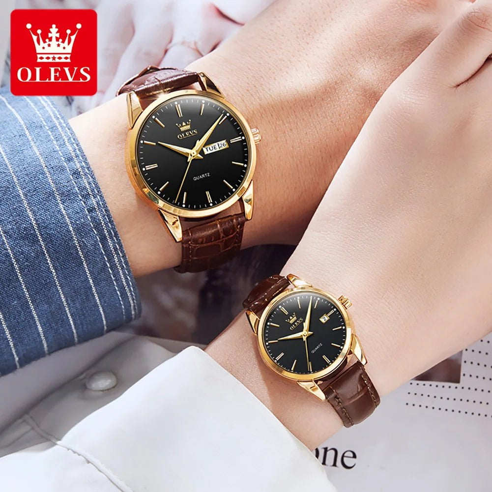 Storazone OLEVS Lover Watches Top Brand Luxury Couple Quartz Watch Waterproof Leather Watch Strap Watch for Women and Men Couple Gift