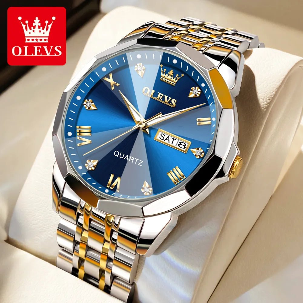 Storazone OLEVS Men's Watches Rhombus Mirror Original Quartz Watch for Man Waterproof Luminous Stainless Steel Wristwatch Male Date Week