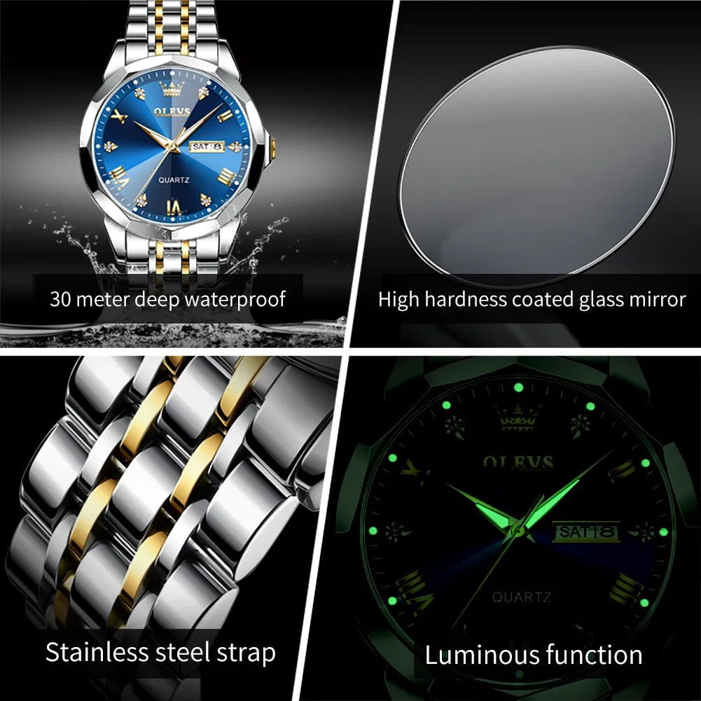 Storazone OLEVS Men's Watches Rhombus Mirror Original Quartz Watch for Man Waterproof Luminous Stainless Steel Wristwatch Male Date Week