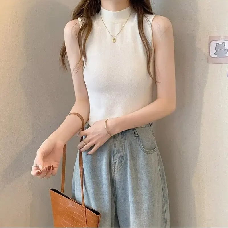 Storazone One Size / Apricot Women Knitted Tank Top Summer Fall Slim Sweater Short Sleeveless Solid Spring Autumn Sweaters Pullovers