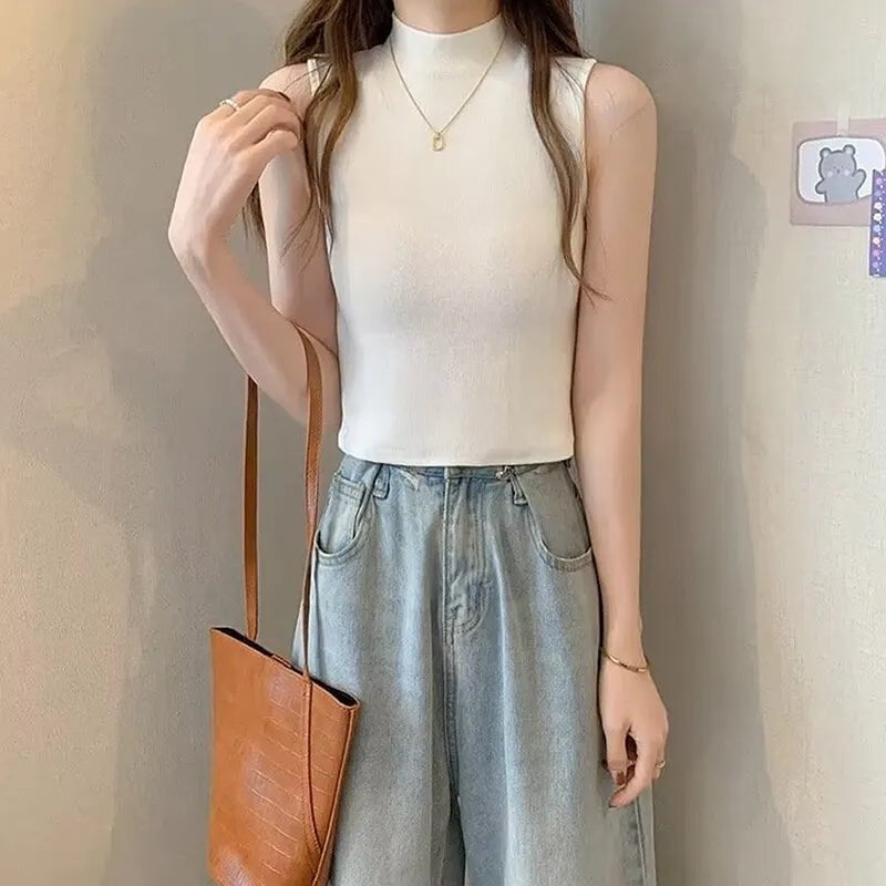 Storazone One Size / Apricot Women Knitted Tank Top Summer Fall Slim Sweater Short Sleeveless Solid Spring Autumn Sweaters Pullovers