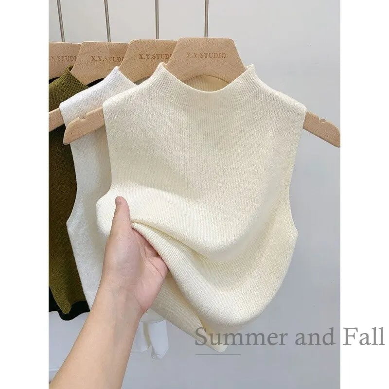 Storazone One Size / Apricot Women Knitted Tank Top Summer Fall Slim Sweater Short Sleeveless Solid Spring Autumn Sweaters Pullovers