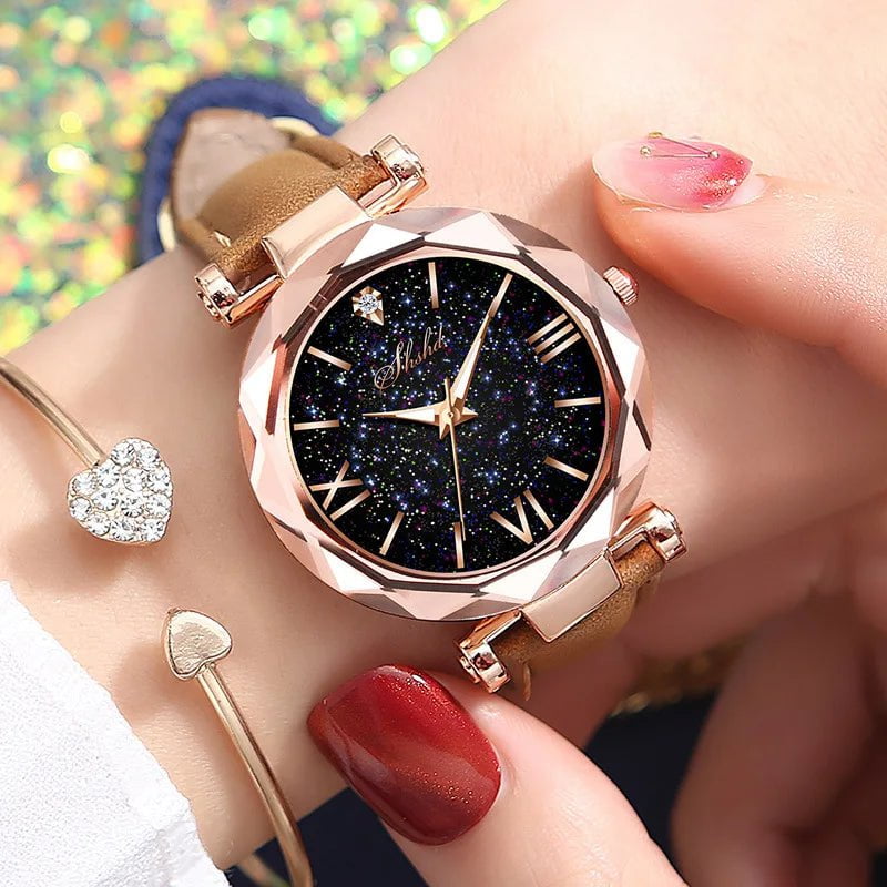 Storazone only watch / CHINA Women Watch Rhinestone Romantic Starry Sky WristWatch Fashion Ladies Leather Watch Clock for Women Relogio Feminino Montre Femme