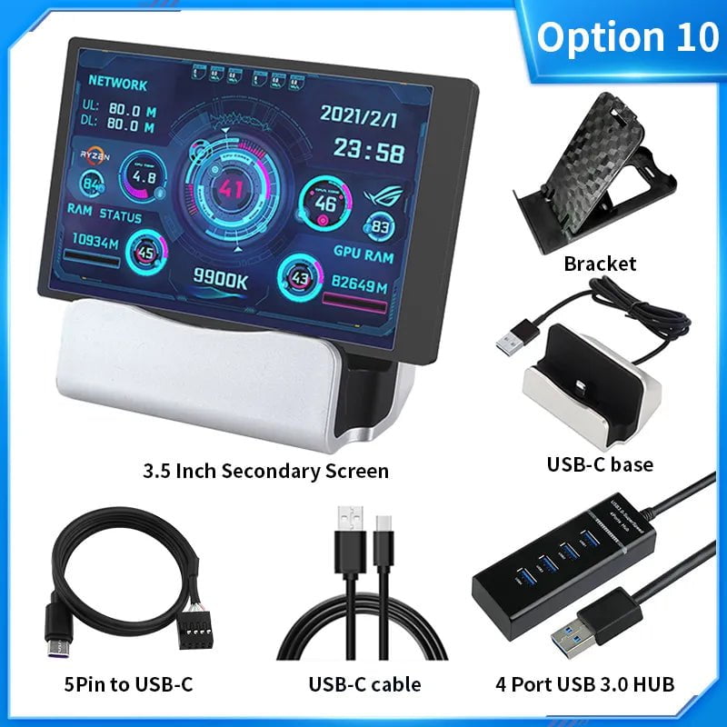 Storazone Option 10 3.5 / 5 Inch IPS Type-C Secondary Screen Mini Computer USB Display CPU GPU RAM HDD Monitor with Holder Metal Case No Use AIDA64