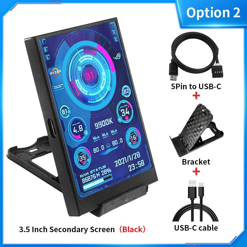 Storazone Option 2 3.5 / 5 Inch IPS Type-C Secondary Screen Mini Computer USB Display CPU GPU RAM HDD Monitor with Holder Metal Case No Use AIDA64