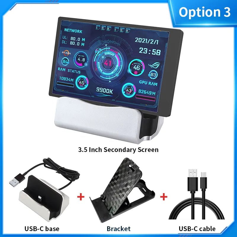 Storazone Option 3 3.5 / 5 Inch IPS Type-C Secondary Screen Mini Computer USB Display CPU GPU RAM HDD Monitor with Holder Metal Case No Use AIDA64