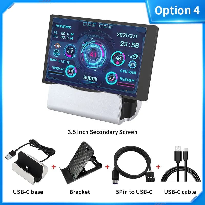 Storazone Option 4 3.5 / 5 Inch IPS Type-C Secondary Screen Mini Computer USB Display CPU GPU RAM HDD Monitor with Holder Metal Case No Use AIDA64