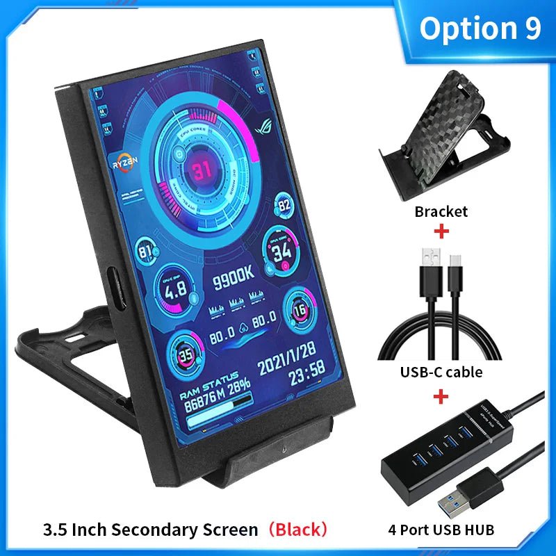 Storazone Option 9 3.5 / 5 Inch IPS Type-C Secondary Screen Mini Computer USB Display CPU GPU RAM HDD Monitor with Holder Metal Case No Use AIDA64