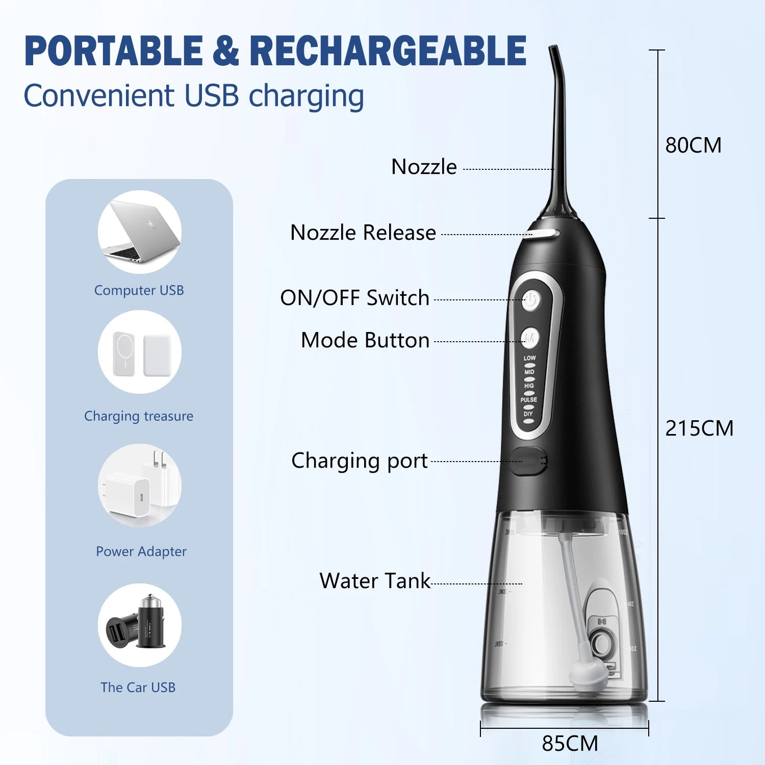 Storazone Oral Irrigator USB Rechargeable Water Flosser Portable Dental Water Jet 300ML Water Tank Waterproof Teeth Cleaner For Oral Care