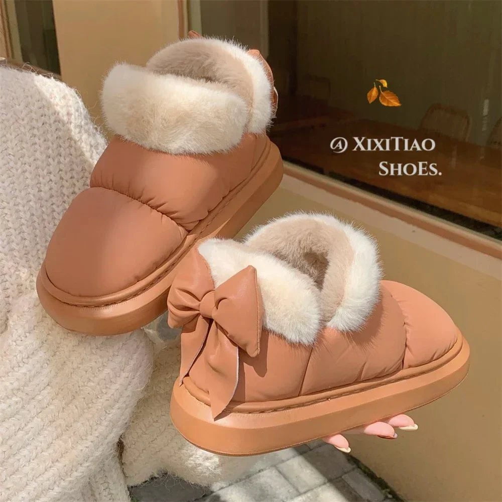 Storazone Orange / 40-41(fit 39-40) Winter Women Cute Warm Ankle Boots Outdoor Non-slip Thick Sole Snow Boots Furry Bow Cotton Shoes Men Pu Waterproof Plush Boots