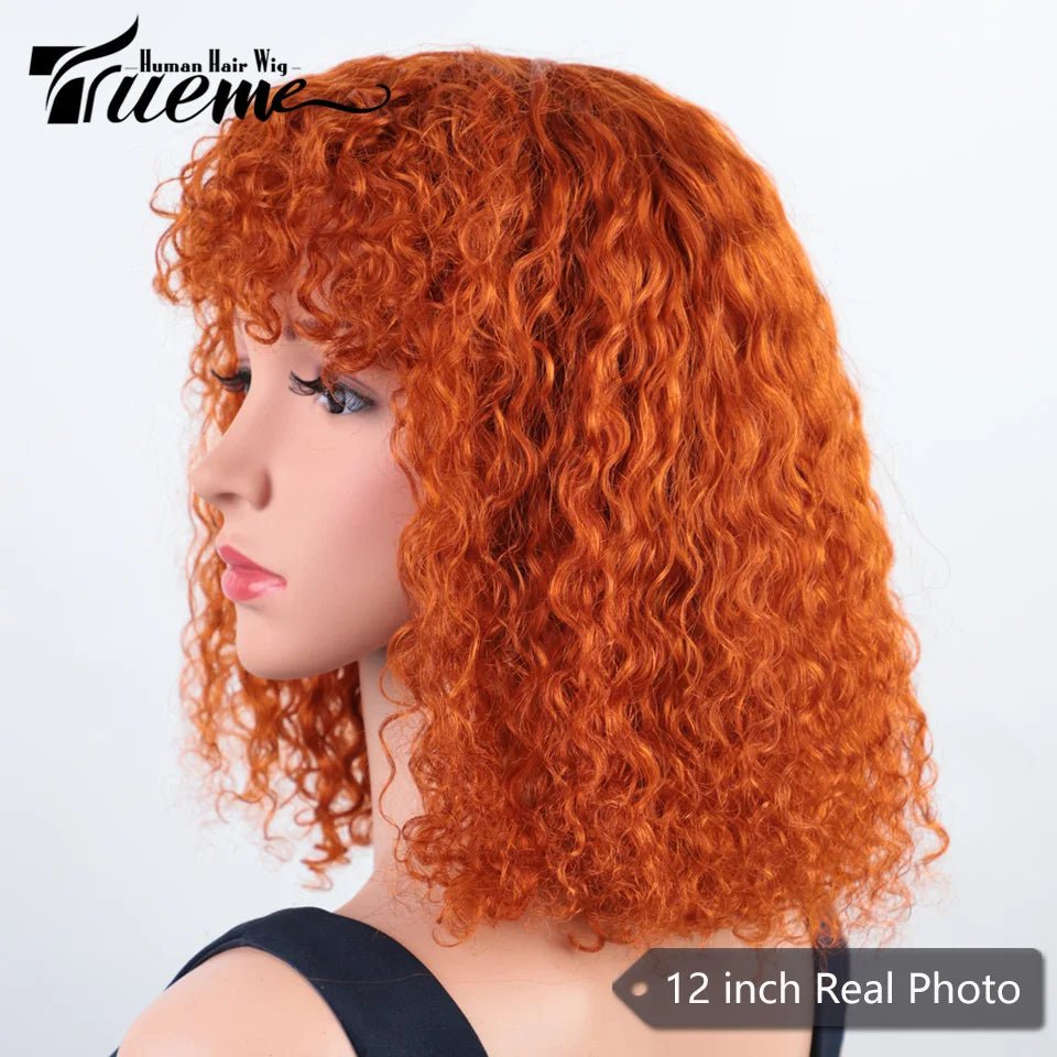 Storazone Orange / CHINA / 10inches | 180% Trueme Short Curly Bob Human Hair Wigs Highlight Jerry Curly Wig With Bangs Colored Brazilian Deep Curly Non Lace Wig For Women
