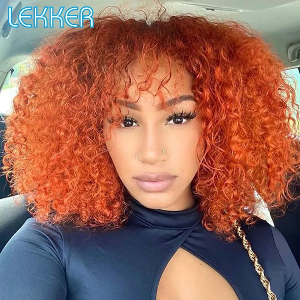 Storazone Orange Ginger / CHINA / 10inches Lekker Colored Short Afro Kinky Curly Bob Human Hair Bangs Wig For Women Brazilian Remy Hair Ombre Brown Loose Deep Wavy Wigs
