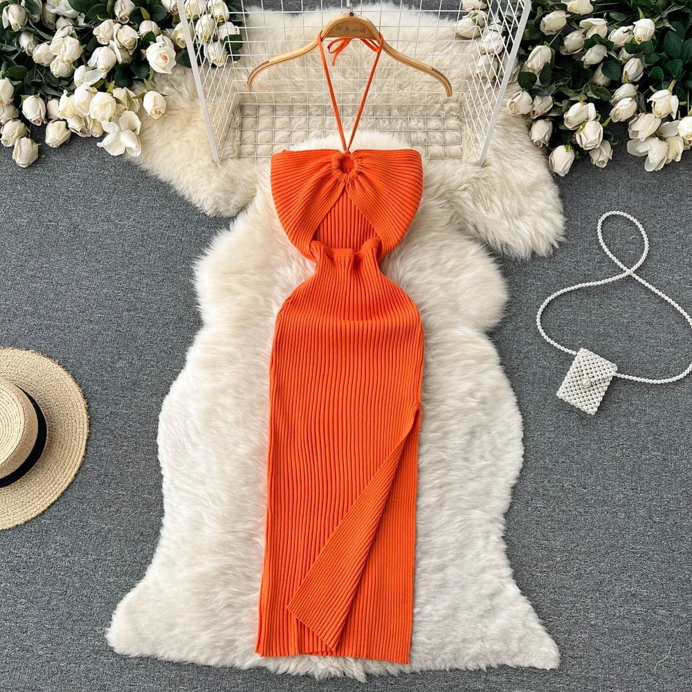 Storazone Orange / One Size YuooMuoo Chic Fashion Sexy Package Hips Split Knitted Summer Dress Women Slim Elastic Bodycon Party Dress Streetwear Outfits