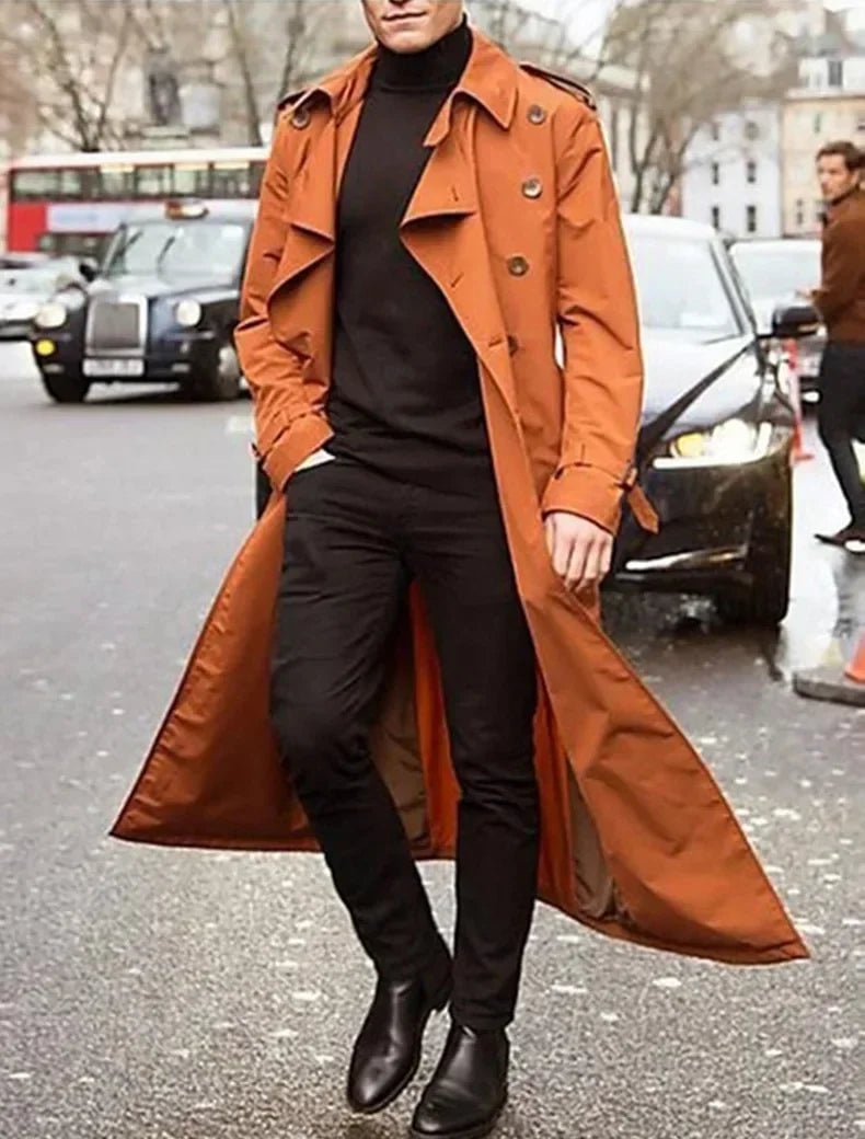 Storazone Orange / S New 2024 Men's Overcoat Vintage Long Trench Jacket Coats Men's Business Party Casual Long Solid Windbreak Outwear Men's Clothing