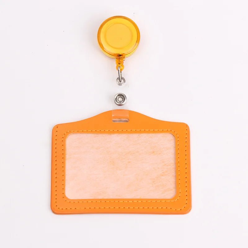 Storazone orange Women Men Student Retractable Badge Reel ID Card Holder Cover Case Nurse Badge Lanyards Fashion PU Leather Card Holders Set