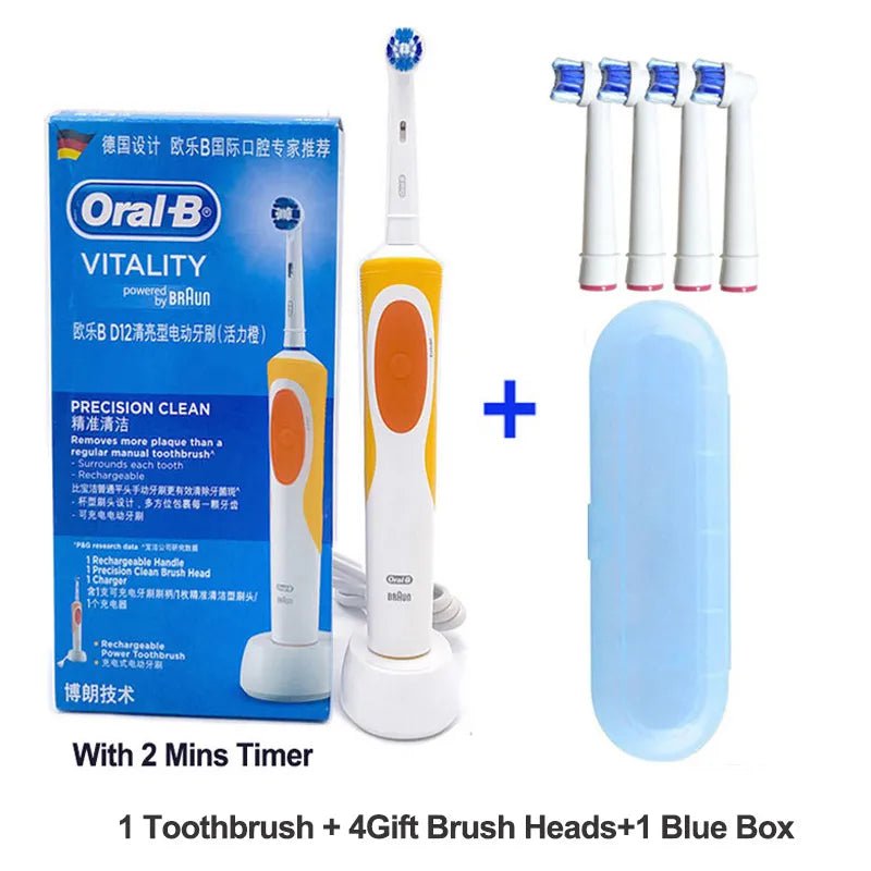 Storazone OrangeBUBOX4Head / Russian Federation Oral B Electric Toothbrush 2D Rotary Vibration Clean Charging Tooth Brush Cross Action Bristle Oral Care 4 Gift Brush Heads Free