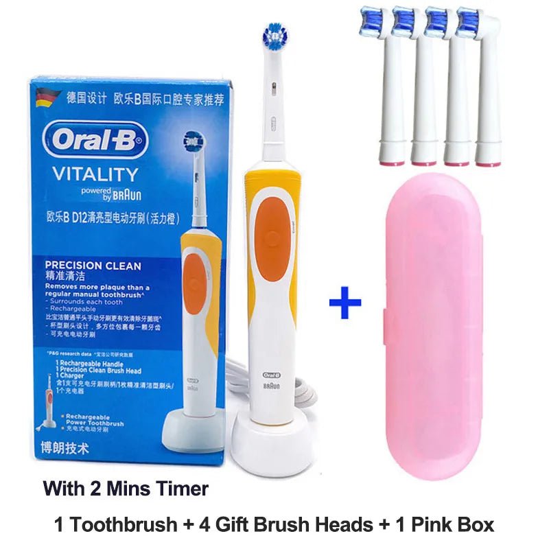 Storazone OrangePKBOX4Head / Russian Federation Oral B Electric Toothbrush 2D Rotary Vibration Clean Charging Tooth Brush Cross Action Bristle Oral Care 4 Gift Brush Heads Free