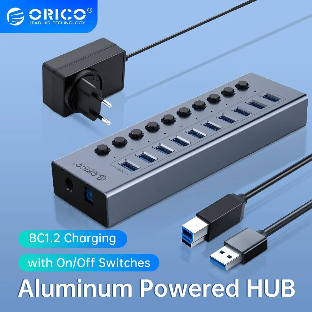 Storazone ORICO USB3.0 Hub Aluminum Industrial 7-Port Splitter Split Switch with 12v Power Adapter for Macbook Mobile Phone Tablets