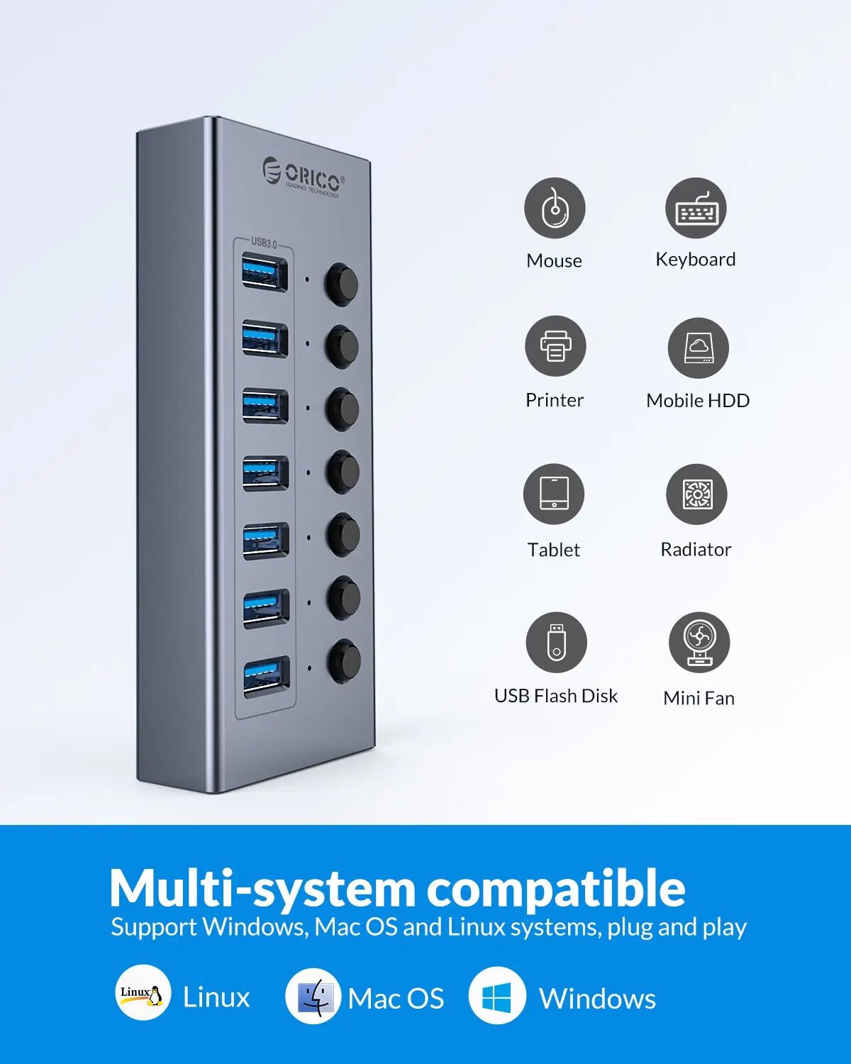 Storazone ORICO USB3.0 Hub Aluminum Industrial 7-Port Splitter Split Switch with 12v Power Adapter for Macbook Mobile Phone Tablets