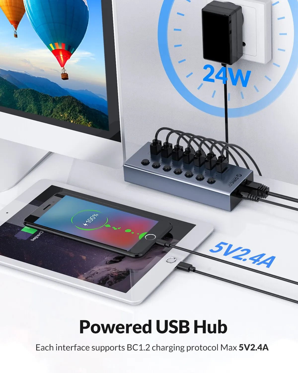 Storazone ORICO USB3.0 Hub Aluminum Industrial 7-Port Splitter Split Switch with 12v Power Adapter for Macbook Mobile Phone Tablets