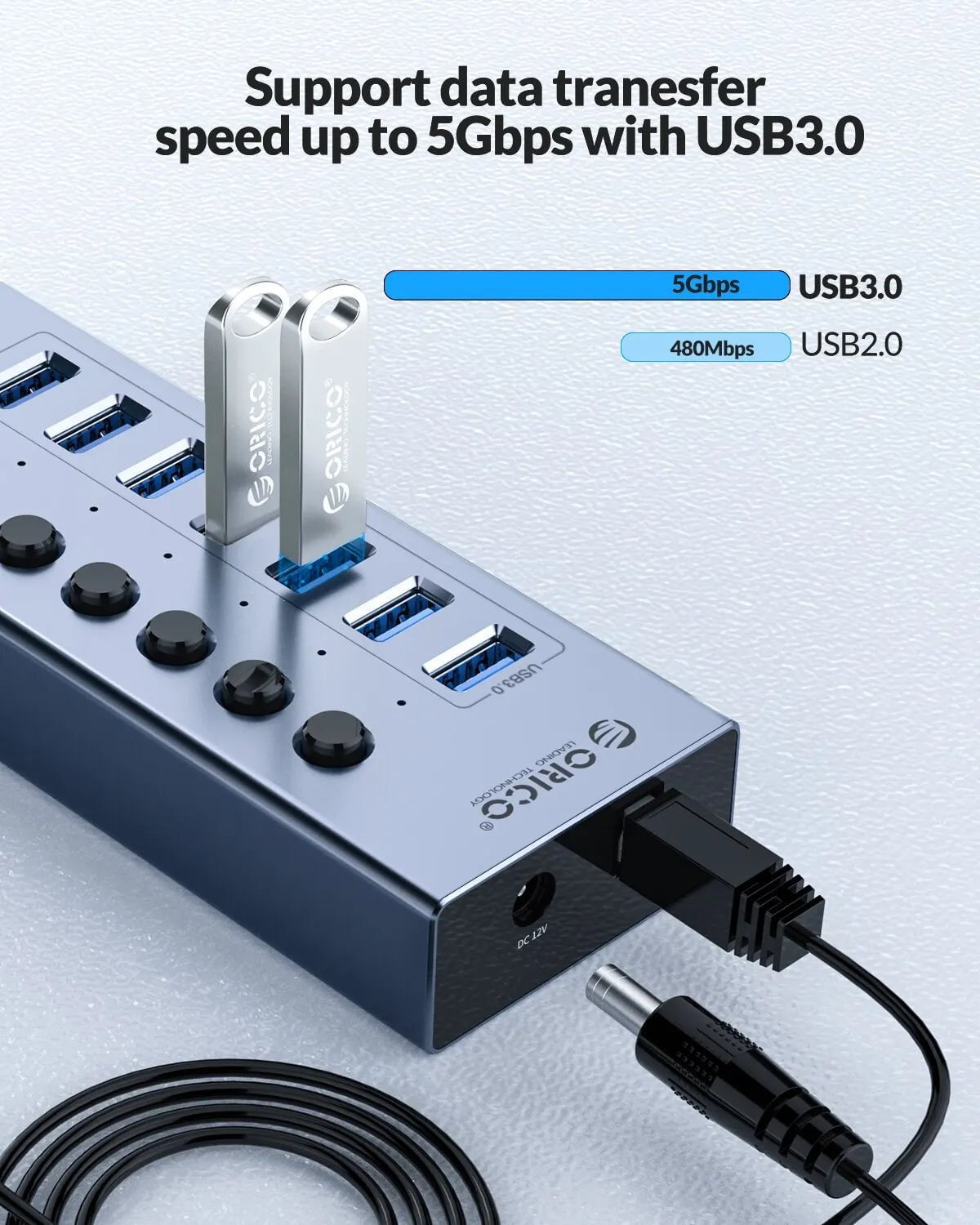 Storazone ORICO USB3.0 Hub Aluminum Industrial 7-Port Splitter Split Switch with 12v Power Adapter for Macbook Mobile Phone Tablets