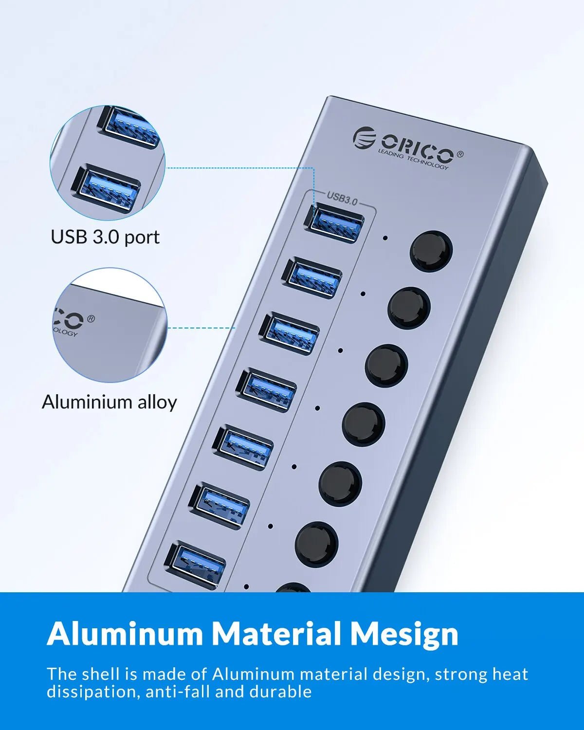 Storazone ORICO USB3.0 Hub Aluminum Industrial 7-Port Splitter Split Switch with 12v Power Adapter for Macbook Mobile Phone Tablets