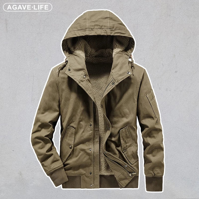 Storazone Outdoor Cargo Pocket Tactical Lambswool Jacket Male Winter Fleece Parka Men Thicken Cotton Hooded Coat Cold-proof Warm Jackets