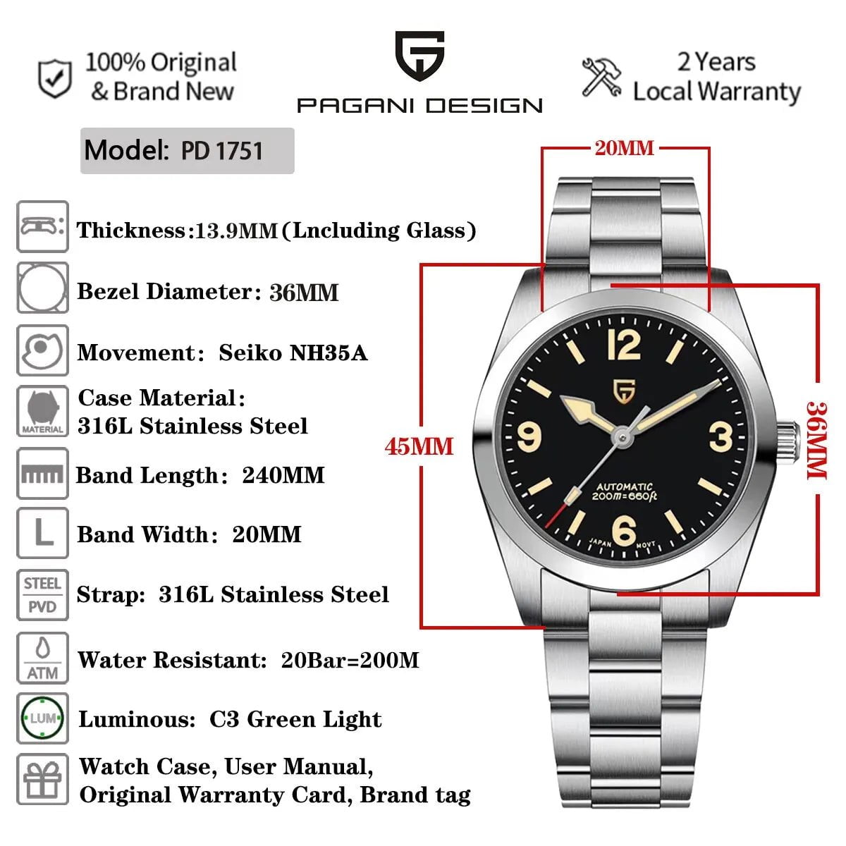 Storazone PAGANI DESIGN 2023 New 36MM Men Automatic Mechanical Watches NH35 Sapphire Stainless Steel AR Coating 20Bar Clock Watch for Men