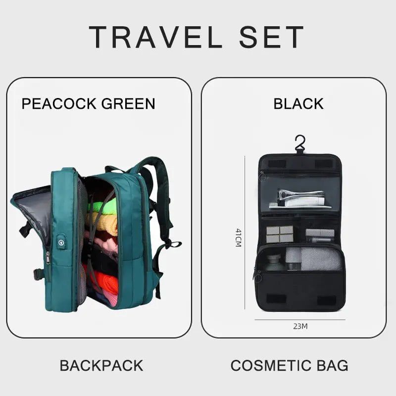 Storazone PeacockGr A set 01bk / CHINA Extendible Travel Backpack Unisex Laptop Bag Women Large Luggage Bags Men's Students Business Trip USB Charge Mochila XA299C
