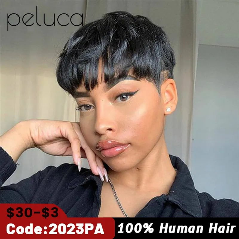 Storazone peluca Short Straight Human Hair Wigs Pixie Cut Brazilian Hair for Black Women Machine Made Cheap Peruvian Wig Withbang perruque