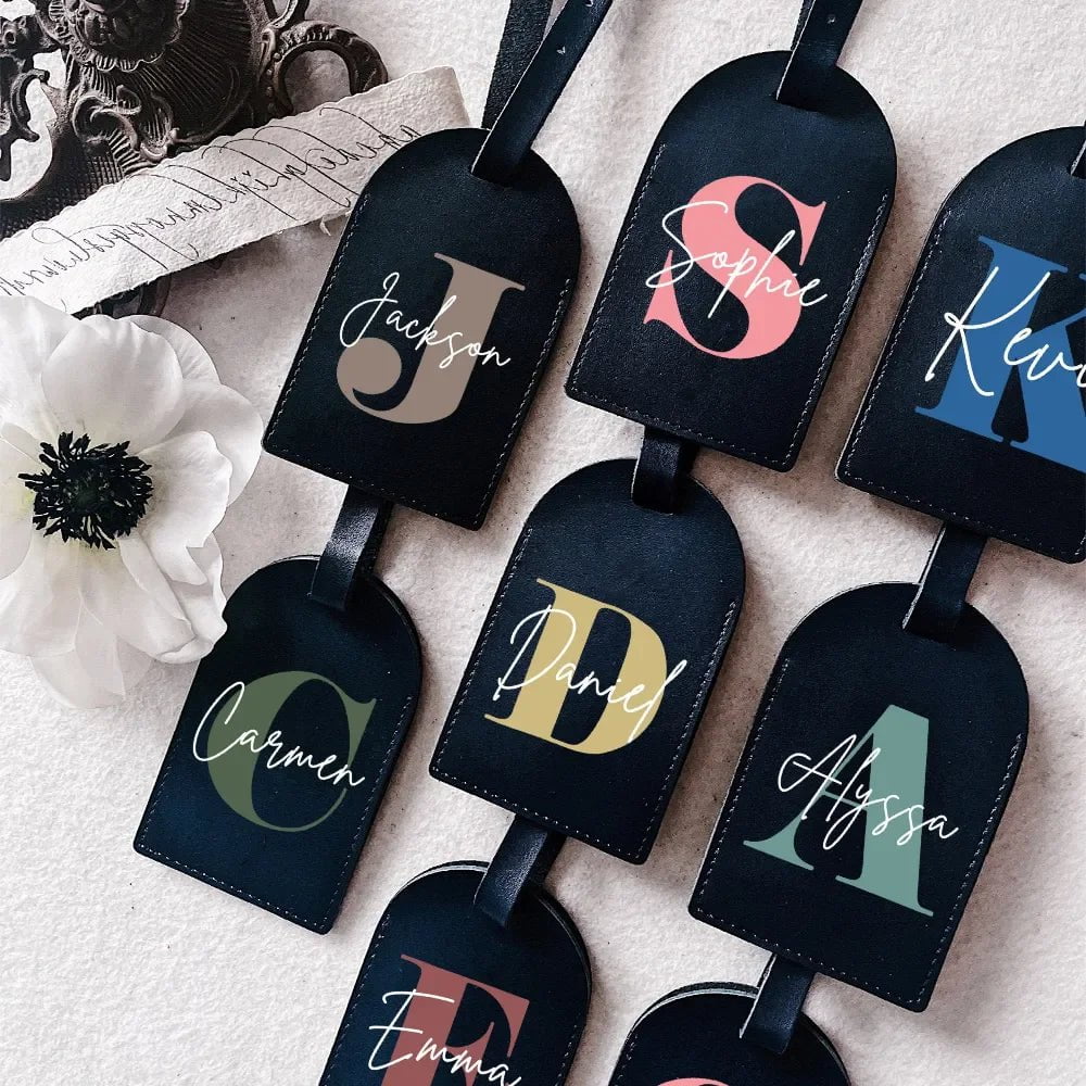 Storazone Personalised Initial with Name Monogram Luggage Tag PU Leather for Suitcase Baggage Handbag Tags Travel Bag Label Tag Best Gift