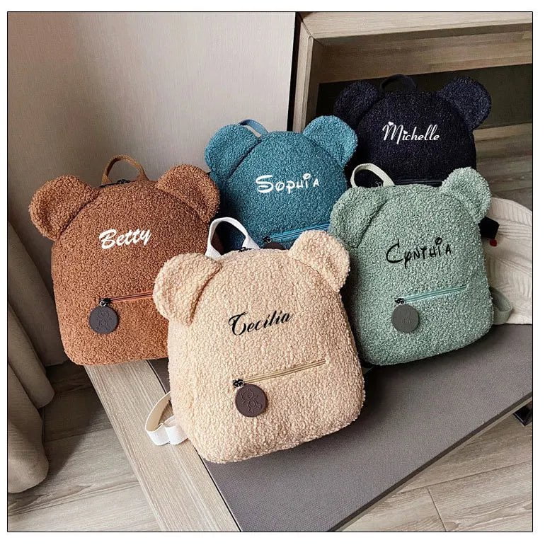 Storazone Personalised Womens Girls Cute Bear Pattern Backpack Plush Toddler Backpack for girls Custom Name Small Casual Shoulder Daypack