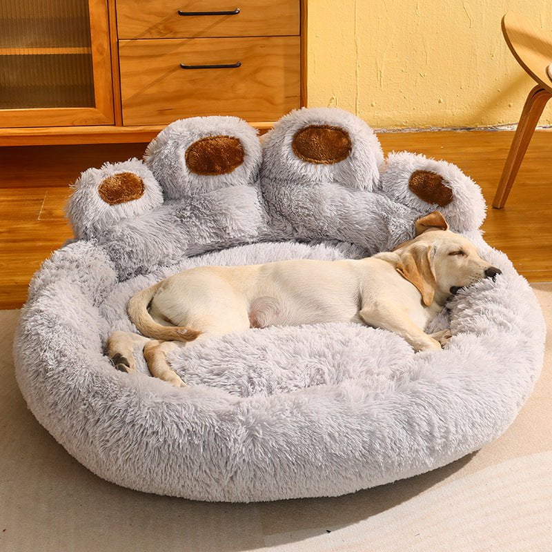 STORAZONE Pet Accessories Dog Bed Cat Mat Round Large Pet House Long Plush Deep Sleeping Warm Bear Paw Shape Super Soft Cushion Calm Beds